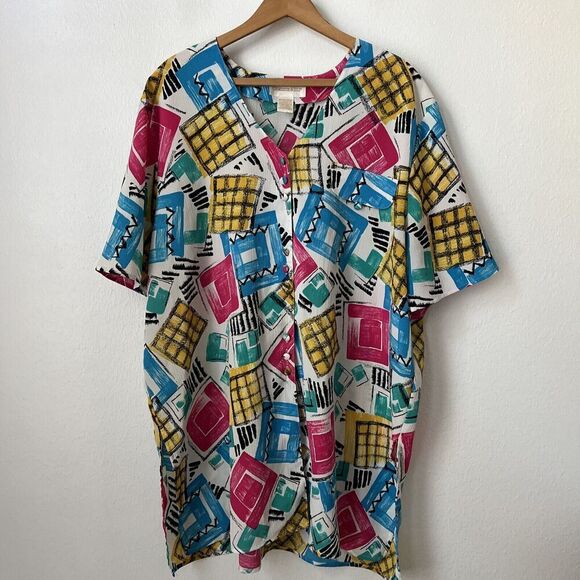 VTG Christie & Jill neon abstract blouse flowy artsy tunic XL texture 80s 90s - Picture 2 of 6